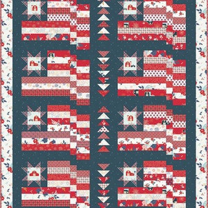 May include: A quilt pattern with a red, white, and blue color scheme. The pattern features a series of red and white stripes with a small barn design in the center of each stripe. The stripes are surrounded by a blue background with white polka dots. The quilt is framed by a border of red, white, and blue flowers.