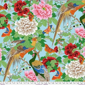 May include: A light blue fabric featuring a repeating pattern of colourful pheasants, large pink and red peony flowers, green leaves, and orange and blue butterflies. A white ruler with black markings is visible along the bottom edge.
