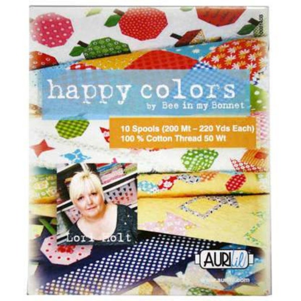 Lori Holt Happy Colors Aurifil kleine draaddoos ~ 10 spoelen van 220 yards, 100% katoen 50 Wt.