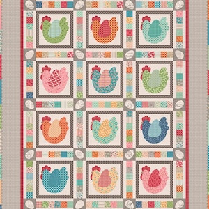 May include: A colorful patchwork quilt featuring a repeating pattern of chickens in various colors, including green, orange, pink, and blue. The quilt has a gray border and is decorated with egg and floral motifs. The overall design is a charming, country-style theme.
