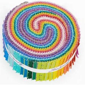 May include: A colourful fabric roll with a rainbow pattern. The roll is made up of 40 2.5-inch strips of fabric. The fabric is a mix of prints and solids.