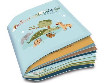 May include: A blue book titled "Created with Love in Seven Days" featuring animal illustrations. The book is open to show pages numbered 5, 7, 13, and 19.