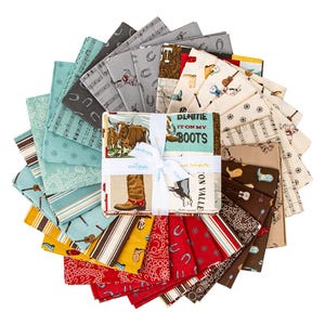 May include: A set of 20 fabric squares featuring a cowboy theme. The squares are in various colors and patterns, including red, blue, brown, and yellow. The fabric squares are perfect for quilting, crafting, and other sewing projects.