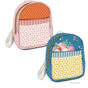 May include: Two quilted backpacks measuring 9 inches by 11 inches by 4 inches. The left backpack is pink with orange polka dots, red stripes, and a cherry print. The right backpack is blue with a floral pattern, blue stripes, and a yellow cherry print.