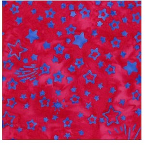 May include: Red fabric with a blue star pattern. The stars are of various sizes and are scattered randomly across the fabric.