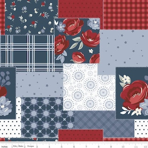 May include: A patchwork fabric featuring a variety of patterns in red, white, and blue. The patterns include floral, plaid, polka dot, and geometric designs. The fabric is ideal for quilting, crafting, and other sewing projects.