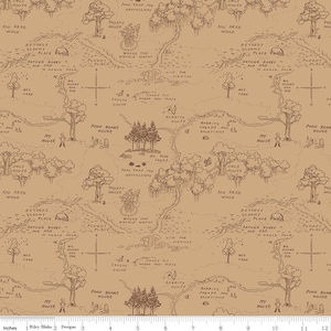 May include: Tan fabric with a detailed map illustration featuring trees, houses, and text. The map includes phrases like "100 Aker Wood" and "Pooh Bear's House". The design is reminiscent of a children's storybook.