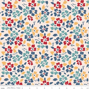 May include: A floral fabric pattern featuring a repeating design of small flowers in red, blue, teal, and yellow on a cream background. The flowers are clustered together with small leaves, creating a dense, all-over print. The fabric is measured in inches.