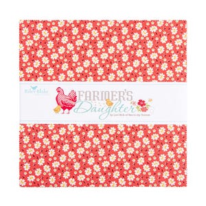 May include: A stack of fabric squares with a red floral pattern and a white band featuring the text "Farmer's Daughter" and illustrations of a hen, chicks, and flowers. The fabric is suitable for quilting and other craft projects.