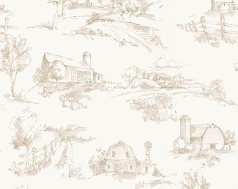 Può includere: Uno sfondo bianco con uno schizzo marrone di una fattoria e il paesaggio circostante. Lo schizzo include alberi, recinzioni e campi.