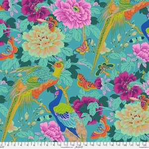 May include: A teal fabric featuring a repeating pattern of vibrant pink and peach peonies, green leaves, colourful butterflies, and long-tailed birds. A white measuring tape is visible at the bottom, showing a length of 61 cm across the fabric.