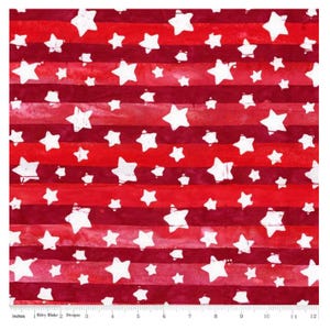 May include: Red and white fabric with a striped pattern and white stars. The fabric is 12 inches wide.