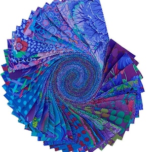 May include: A collection of fabric squares in a spiral arrangement, featuring shades of blue, purple, and green. The fabric displays diverse floral and abstract designs. The squares are organized in a circular pattern, creating a visually engaging composition. The image is well-lit, highlighting the colours and patterns.