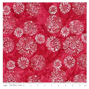 May include: Red fabric with a white floral pattern. The fabric has a batik-style design with a marbled effect.