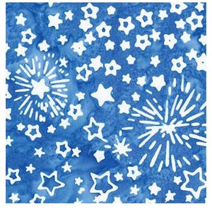 May include: A blue fabric with a white pattern of stars and fireworks. The fabric has a batik style.