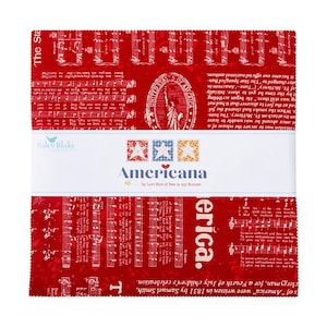 May include: Red fabric square with a white musical note pattern and the text "Americana" and "Erica". The fabric features a vintage design with a patriotic theme.