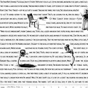 Puede incluir: Ilustración en blanco y negro de una historia sobre verduras que se han apoderado de una cocina. El texto dice "The Vege-Men's Revenge" y "Good Day, Pretty Poppy/ We've met you at last. After watching and waiting for quite a week past."