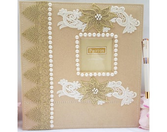 Towdah Perez Pearl Gold lace & Flower Higher Volume Capacity Large Self Stick Wedding Photo Album. 3x5 4x6, 5x7, 8x10 Photos.