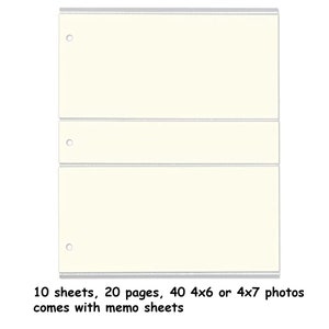 May include: A white photo album with 10 sheets, 20 pages, and can hold 40 photos that are 4x6 or 4x7 inches. It comes with memo sheets.