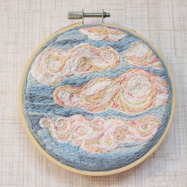 Hand Embroidered Cloudy Sky Wall Art, 4 Inch Embroidery Hoop Multi-Color Wall Hanging, One of a Kind Handmade Needlepoint Wall Decor