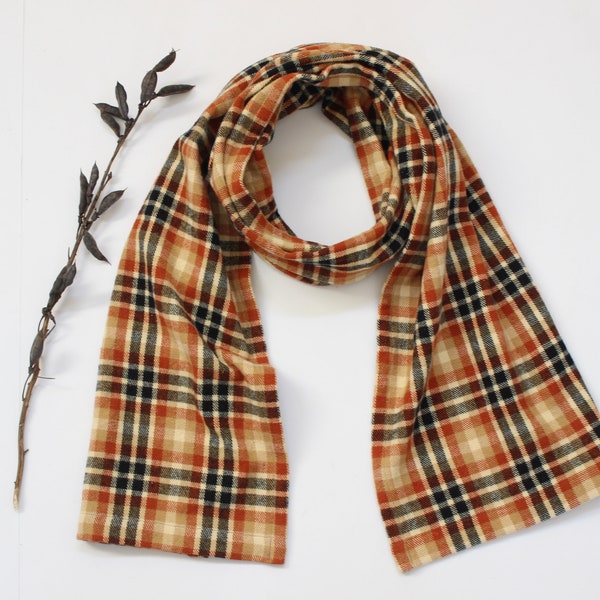 Rustic Orange, Beige, and Black Plaid Brushed Cotton Flannel Scarf