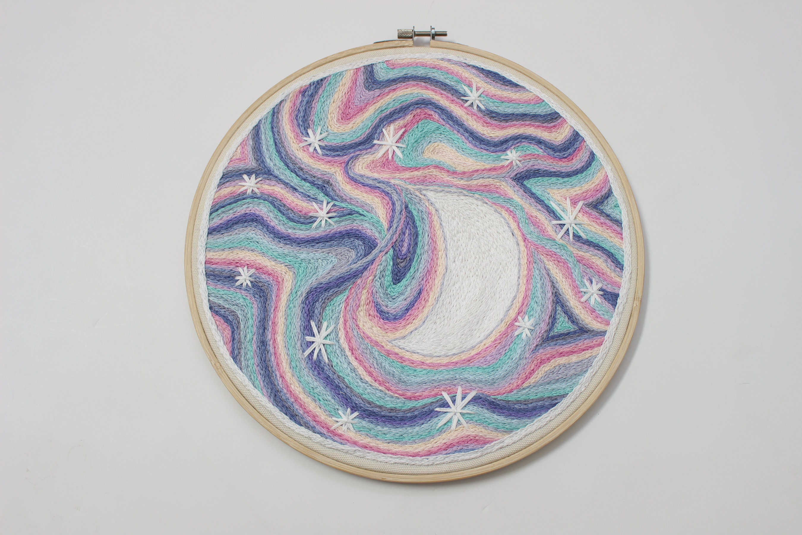 Hand Embroidered Neon Nighttime Sky Wall Art, 10" Embroidery Hoop Multi