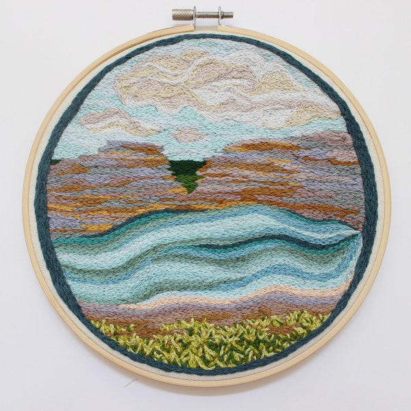 Hand Embroidered River Landscape Wall Art, 7" Embroidery Hoop Multi-Color Wall Hanging