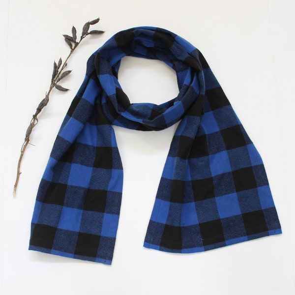 Blue and Black Buffalo Check Plaid Brushed Cotton Flannel Scarf