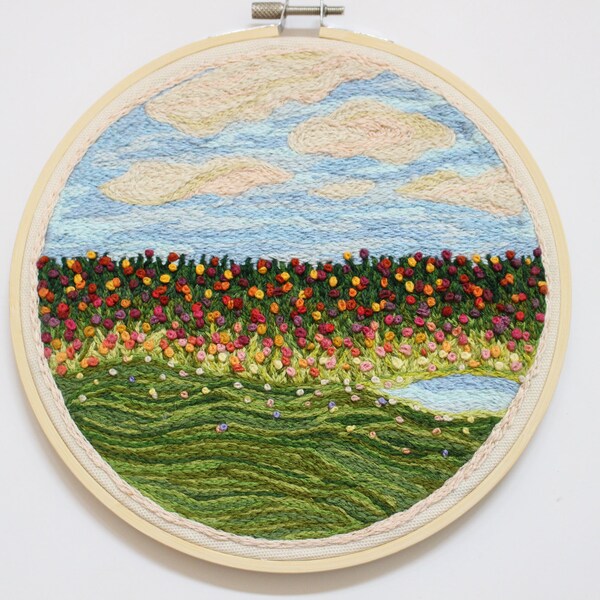 Hand Embroidered Wildflower Field Landscape Wall Art, 7" Embroidery Hoop Multi-Color Wall Hanging