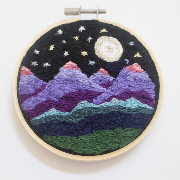 Hand Embroidered Mountain Landscape, 4 Inch Embroidery Hoop Multi Color Wall Hanging