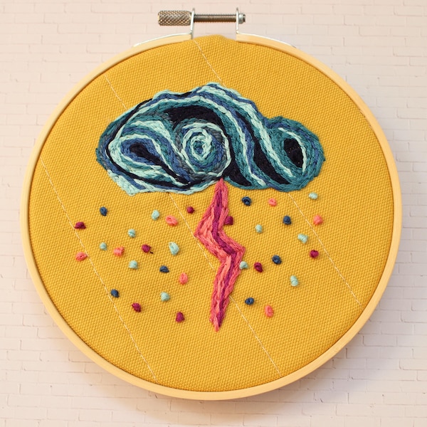 Hand Embroidered Thunderstorm Wall Art, 5 Inch Embroidery Hoop Multi-Color Wall Hanging, One of a Kind Handmade Needlepoint Wall Decor