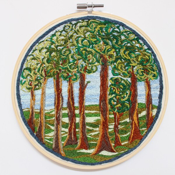 Hand Embroidered Forest Landscape Wall Art, 7" Embroidery Hoop Multi-Color Wall Hanging