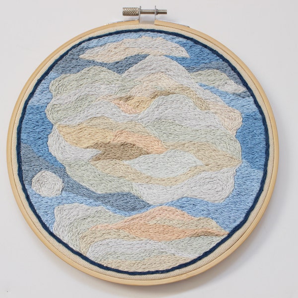 Hand Embroidered Cloudy Sky Wall Art, 7 Inch Embroidery Hoop Multi-Color Wall Hanging