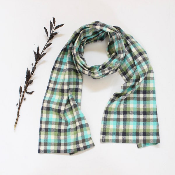 Aqua and Green Plaid Check Brushed Cotton Flannel Scarf