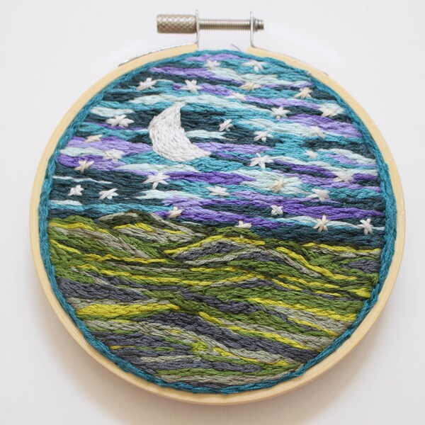 Hand Embroidered Nighttime Landscape Wall Art, 4" Embroidery Hoop Multi-Color Wall Hanging
