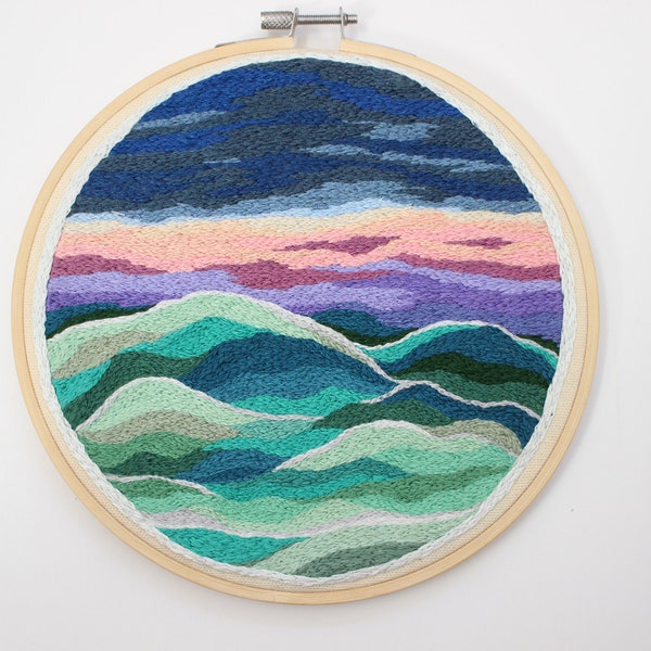 Hand Embroidered Mountain Landscape with Sunset Wall Art, 7" Embroidery Hoop Multi-Color Wall Hanging