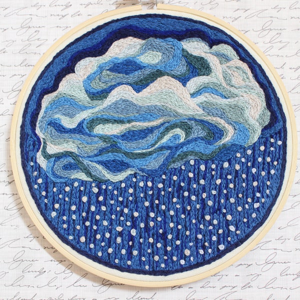 Hand Embroidered Storm Cloud Wall Art, 7" Embroidery Hoop Multi-Color Wall Hanging