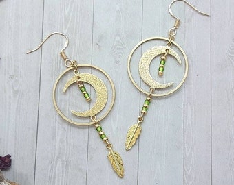 Gold Moon Earrings, Celestial Earrings Dainty, Green and Gold Earrings Hippie, Witchcore Jewelry, Teenage Girl Gift, Birthday Gift For Her