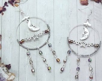 Star and Moon Earrings Silver, Witchy Earrings Dangle, Celestial Hoop Earrings, Beaded Hoop Earrings, Hippie Festival Jewellery, Witchy Gift