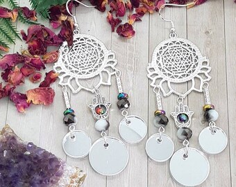 Silver Dreamcatcher Earrings, Hamsa Dangle Earrings, Big Statement Acrylic Mirror Earrings, Yoga Jewelry, Hippie Lotus Jewellery, Boho Gift