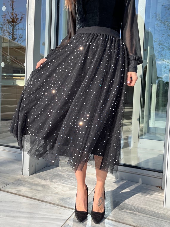 Sequin Black Tulle Midi Skirt Black A line Glitter Tulle Skirt Evening Gala Skirt Sparkling Holiday Mesh Skirt One of A Kind Etsy