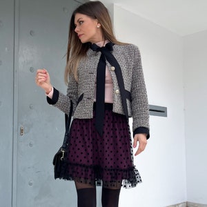 Dark Burgundy And Black Polka Dot Mini Tulle Skirt, Dotted Mini Skirt, Casual Tulle Skirt, Tulle Skirt With Dots, Ruffled Feminine Skirt
