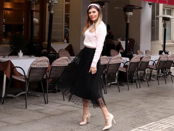 Black Polka Dot Midi Skirt Dotted A line Tulle Skirt Midi Tutu With Dots Black Tulle Skirt Etsy Canada