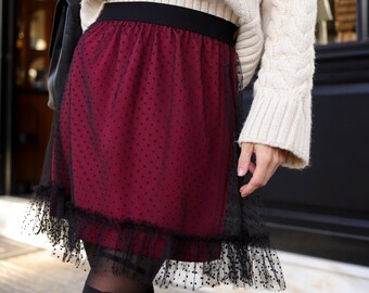 Burgundy Polka Dot Mini Tulle Skirt With Ruffle, Black Dotted Mini Skirt, Casual Tulle Skirt With Dots, Mini Tutu, Night Out Party Skirt