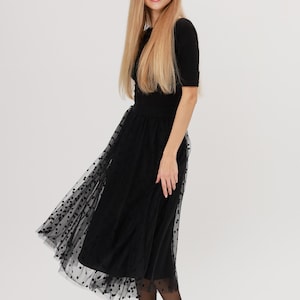 Black Polka Dot Midi Skirt, Dotted A-line Tulle Skirt, Midi Tutu With Dots, Black Tulle Skirt