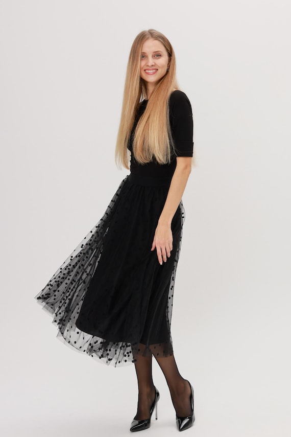 black midi tulle dress Adorable midi tie-strap black tulle dress
