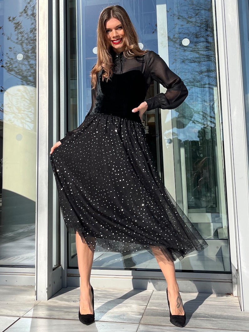 14183 Black Silvery Tulle Skirt Dress