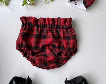 Handmade red tartan bloomers shorts with FREE bow 0-3m, baby girl shorts, nappy cover, bloomers, christmas baby clothes handmade uk