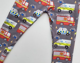 Emergency vehicle leggings, fire trucks, police cars,kids clothes, unique leggings, handmade in the uk toddler trousers, hipster kid