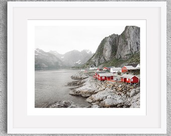 Norway Fjord Landscape Photo Print | Lofoten Islands Mountain Landscape Decor | Scandinavian Landscape Photography | Norwegian Fishing Hut